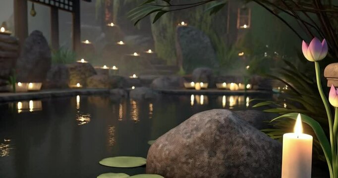 buddha and lotus candles in the water