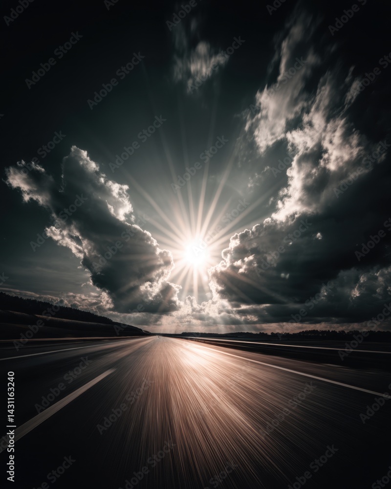 Poster dramatic sunlight breaks through dark clouds over highway creating a sense of speed and motion with 