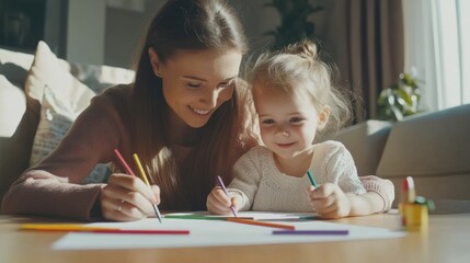 A heartwarming scene of a mother and daughter engrossed in drawing together