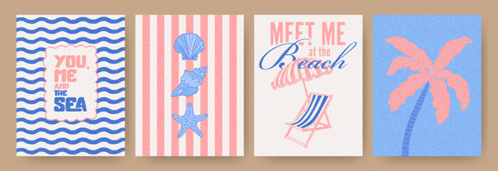 Abstract summer poster or card set in art doodle style with hand drawn wavy lines, seashells, beach chair and umbrella, palm tree, ocean sea. Trendy summer design for branding, ads, print, decor