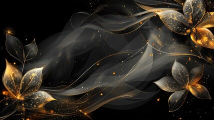 Elegant floral arrangement with gold accents against a deep black background evokes luxury and sophistication for a lavish black and gold themed wedding design.