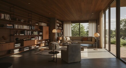 Living Room with Bookshelf, Couch and Floor Lamp