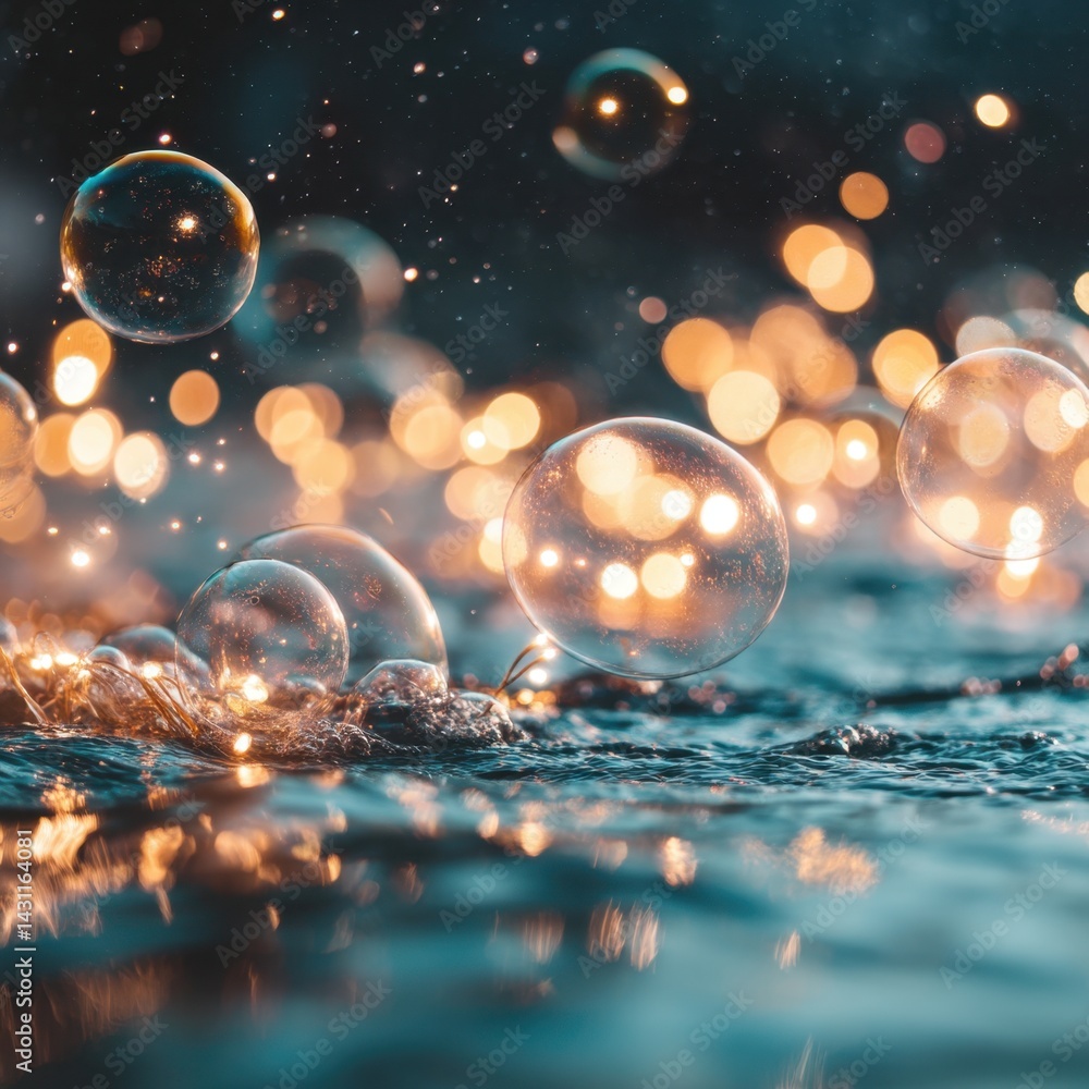 Poster luminous bubbles floating on gentle water surface reflecting warm light creating a magical ethereal 