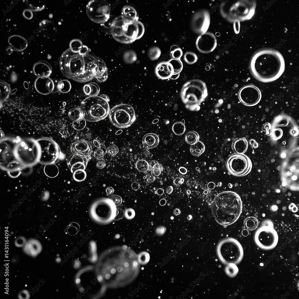 Poster abstract monochrome bubbles floating in dark space macro photography capturing ethereal movement and