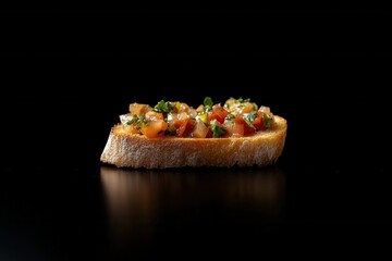 Appetizing bruschetta with fresh tomatoes and basil on toasted bread against a dark backdrop captures the essence of italian cuisine in a minimalist style