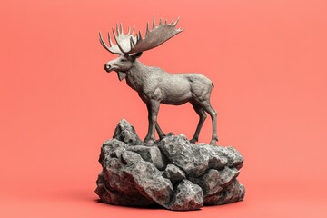 Fototapeta premium Detailed sculpted elk figure perched atop rocky outcrop.