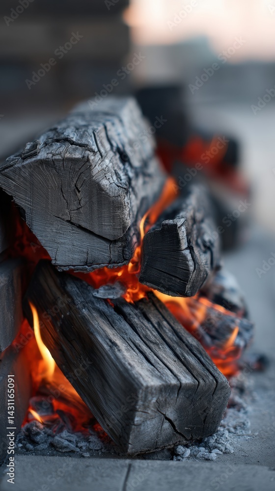 Poster captivating close up of burning charcoal logs in a fireplace creating warmth and inviting atmosphere
