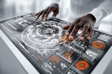 Obraz premium Futuristic Interface: Hands Interacting with a High Tech Touchscreen