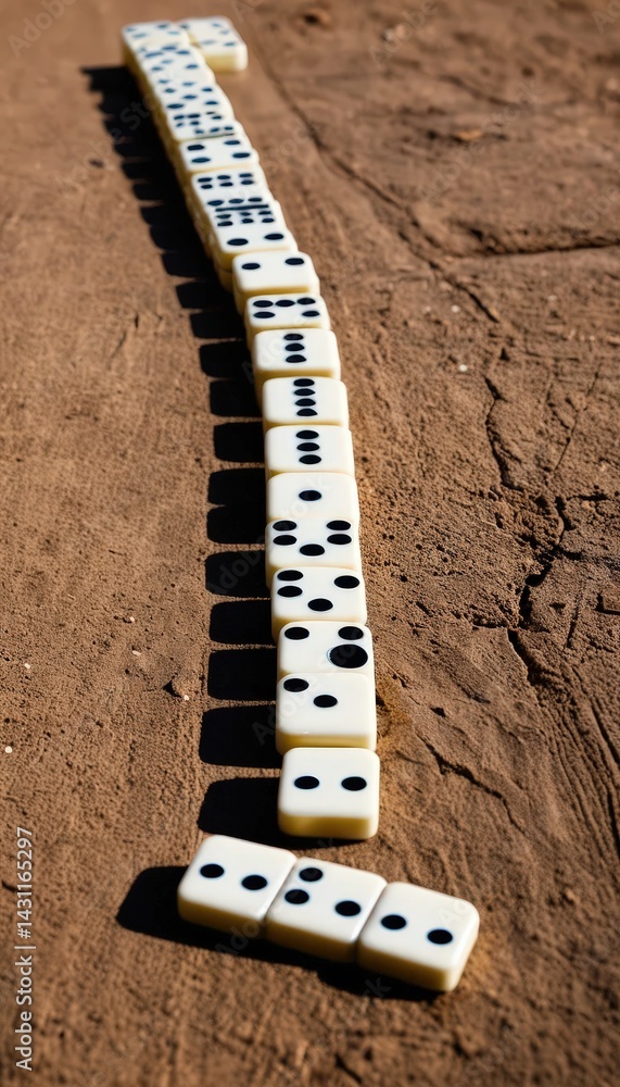 Poster a colorful array of dominos scattered on a wooden floor, some standing upright while others have top