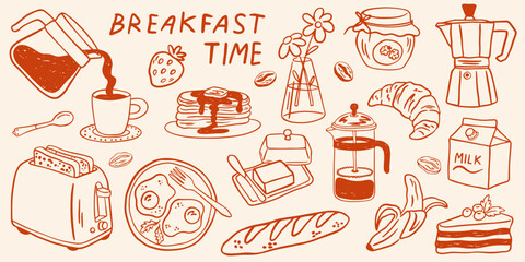 Hand drawn breakfast doodles set. Vector illustration of food and coffee icons in chalk, crayon drawing style for invitations, menus, parties. Minimalist line art. La dolce vita italian style.  
