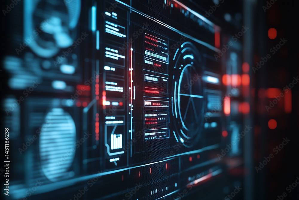 Aufkleber futuristic digital interface screen displays data graphs and charts in blue and red hues