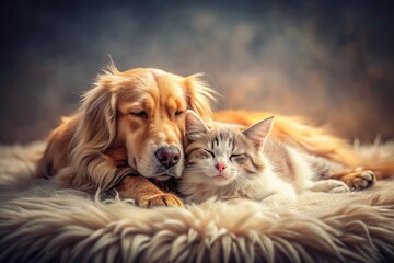 Adorable Cat and Dog Napping Together on Soft Rug - Peaceful Pet Friends