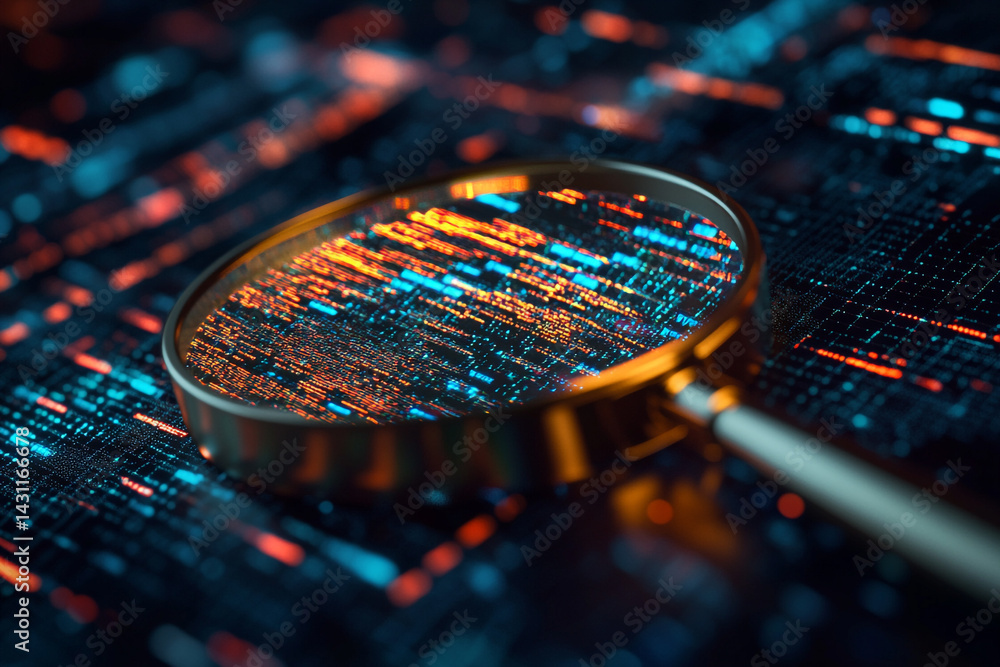 Aufkleber magnifying glass reveals glowing digital code intricate patterns cybersecurity data analysis