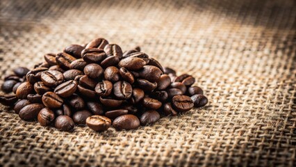 Fototapeta premium Aromatic Roasted Coffee Beans Resting on Rustic Burlap Fabric