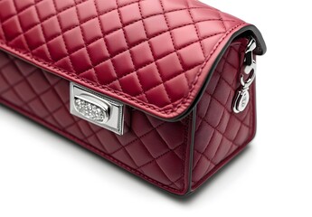 Red quilted leather handbag with a silver clasp on a white background, 