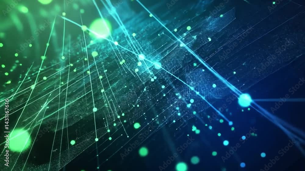 Poster dynamic abstract background with glowing lines and dots in blue and green, representing technology, 