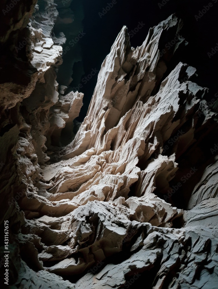 Poster dramatic view of a deep canyon with layered rock formations under dim light creating a sense of dept