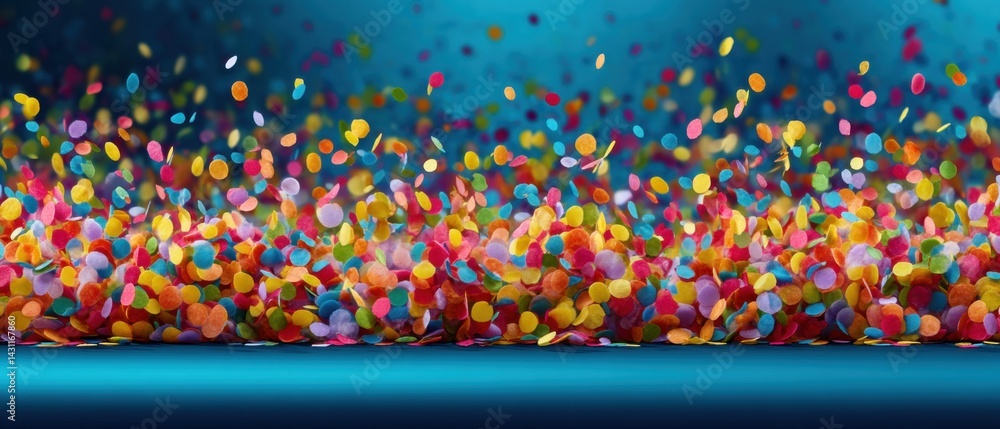 Poster vibrant confetti explosion on a teal backdrop creating a festive atmosphere perfect for celebrations