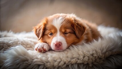 Adorable Red Australian Shepherd Puppy Snuggled in a Warm Blanket - Stock Photo