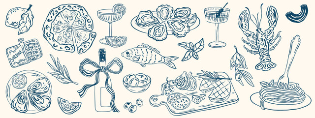 Hand drawn different mediterranean food set. Oysters, pasta, pizza, wine, charcuterie. Dolce vita table setting coast food drawings for cafe or restaurant menus design. Doodle sketch vector