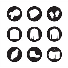 Simple black and white silhouettes of various clothing items.