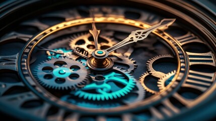 Detailed view of an antique-style clock mechanism.  Inner workings of time, intricate gears, and hands moving