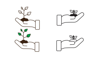 set of leaves and hands, care for nature vector icon on white background