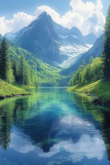 Fototapeta premium Mountain landscape with trees reflected in a calm lake on a sunny day.