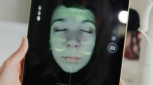 Close-up of facial skin scan on tablet during dermatological examination, woman's face analyzed under UV light for pores, texture and pigmentation mapping