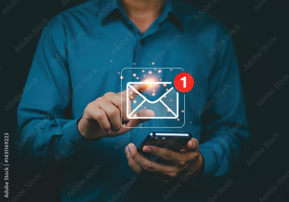Poster man using phone with new email