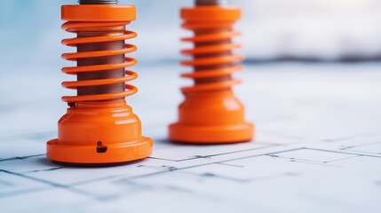 Close-up of orange suspension springs on a blueprint, highlighting automotive components designed for performance and engineering.