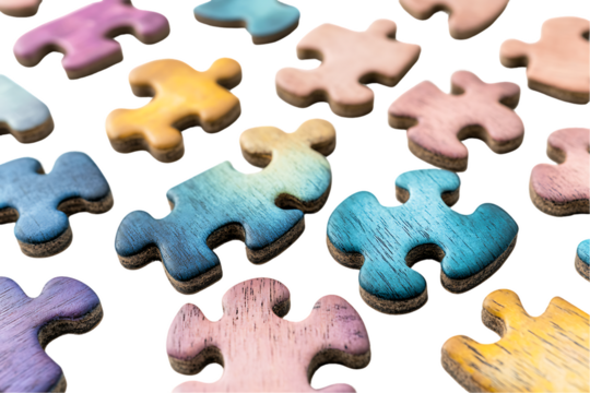 Scattered pastel jigsaw pieces, light wood texture, connection concept, isolated on white.