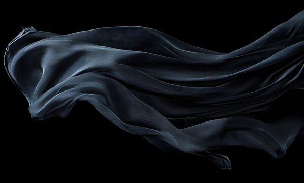 Black fabric floating in the air, creating an abstract and dynamic composition against a dark background.