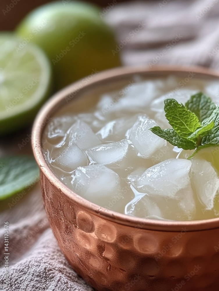 Poster refreshing lime beverage in a copper mug with ice and mint garnish on a textured cloth background ca