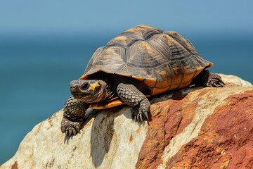 Obraz premium A yellow-footed tortoise basks on a sun-warmed rock near the ocean.