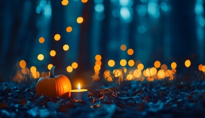Halloween pumpkins with candles in the dark forest, blurred background of glowing lights and bokeh effect.