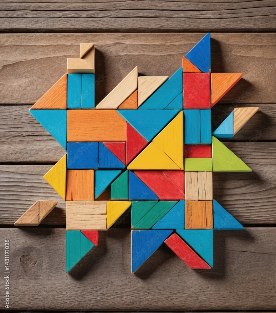Poster a vibrant wooden puzzle featuring an array of colorful, interlocking pieces scattered on a smooth su