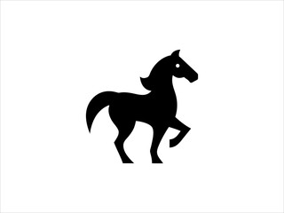 A clean, minimalist silhouette of a horse's head within a crescent moon shape.