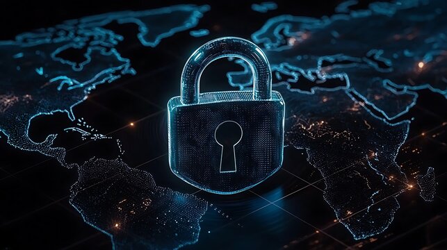 Digital Lock Symbol Over World Map for Cybersecurity and Data Protection Concepts