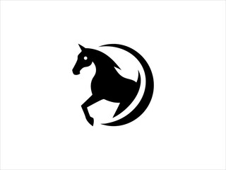 A clean, minimalist silhouette of a horse's head within a crescent moon shape.