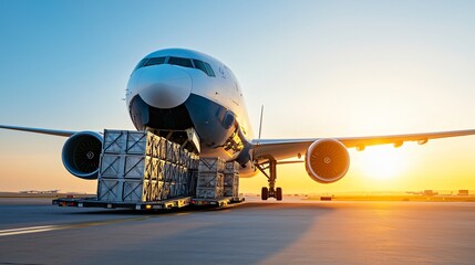 Export-oriented cargo plane lit by direct noon sun, front ramp lowered and revealing interior, bold metal crates stacked for loading, polished logistics visual for stock photo