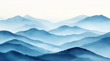 A serene soft watercolor painting depicts layers of blue mountain silhouettes receding into a misty distance, creating a peaceful and ethereal landscape scene.