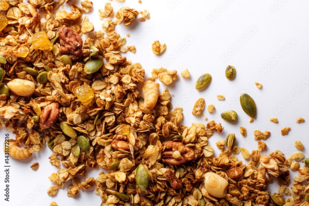 Poster delicious granola with nuts and seeds on a white background viewed from above creating a healthy and