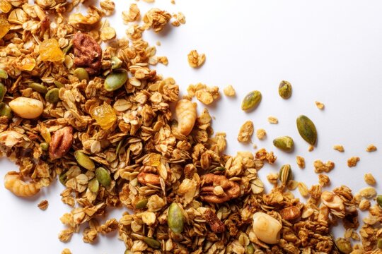 Delicious granola with nuts and seeds on a white background viewed from above creating a healthy and tasty breakfast or snack option with a natural and organic feel