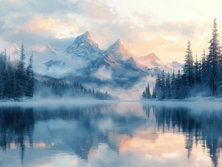 Wandcirkels Mistig bos Snowy mountains and trees reflected in a calm lake with mist and clouds.  © Ali