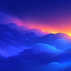 Vibrant sunset over a sea of colorful clouds and stars
