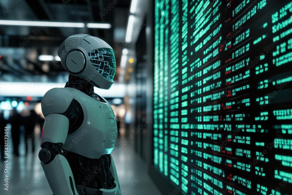 Poster robot analyzing data in futuristic environment with digital screens in a modern setting