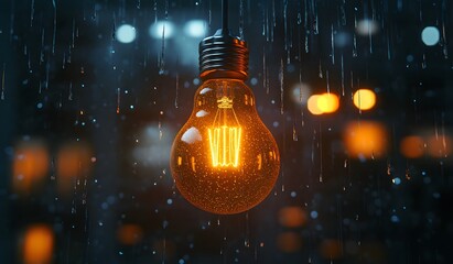 3D rendering of a glowing light bulb hanging against a dark background with bokeh lights and raindrops.