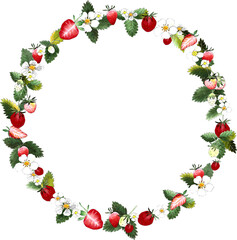 Hand-Painted Strawberry Floral Wreath with Leaves and Blossoms