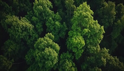 Naklejka premium Dense forest canopy, vibrant green trees, lush foliage. Aerial view of a forest